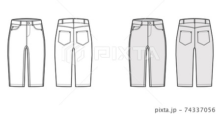 Denim short pants technical fashion illustration with knee length, low waist, rise, curved, coin, angled 5 pockets. Denim short pants technical fashion illustration with knee length, low waist, rise, curved, coin, angled 5 pockets. 74337056
