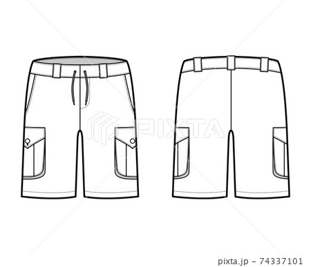 Short cargo technical fashion illustration with mid-thigh length, low waist, rise, slashed, bellows pocket. Flat Bermuda 74337101