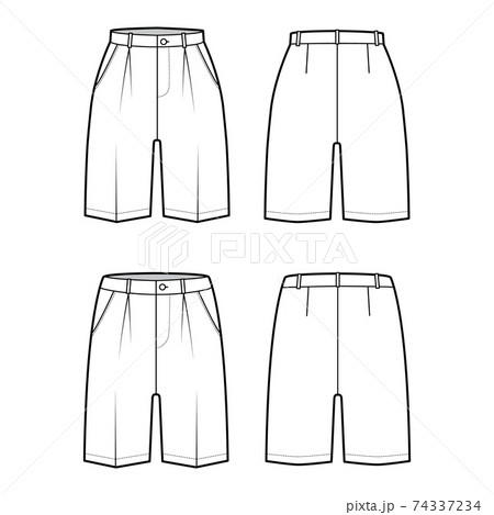 Set of Shorts Bermuda dress pants technical fashion illustration with above-the-knee length, single pleat, low waist Set of Shorts Bermuda dress pants technical fashion illustration with above-the-knee length, single pleat, low waist 74337234