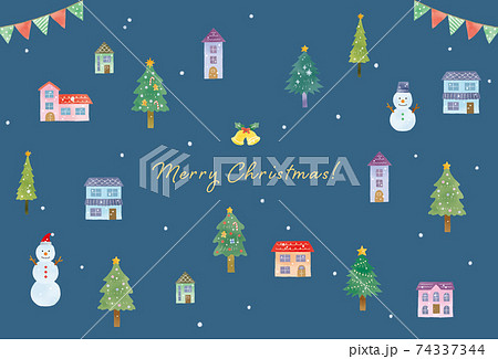 クリスマスの街並みと雪のグリーティングカードイラストのイラスト素材