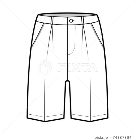 Short Bermuda dress pants technical fashion illustration above-the-knee length, single pleat, low normal waist, rise 74337384