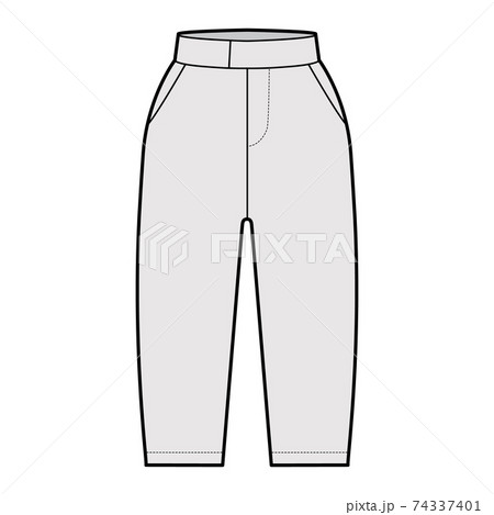 Short capri pants technical fashion illustration with knee length, normal waist, slashed pocket, extended waistband Short capri pants technical fashion illustration with knee length, normal waist, slashed pocket, extended waistband 74337401