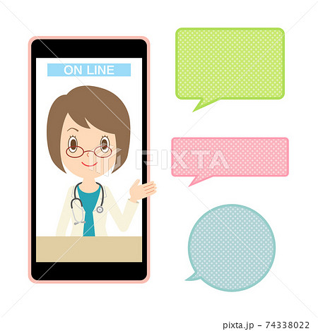 スマートフォンでオンライン診療　白衣の女性医師 74338022
