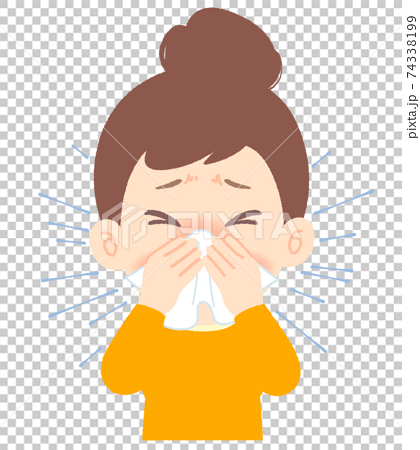 くしゃみがつらそう、鼻をかむ女性 - 花粉症、アレルギー、風邪 74338199