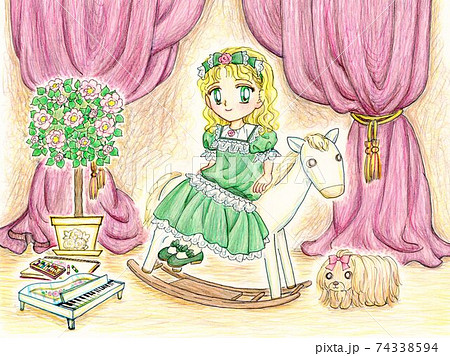 木馬の上の小さな令嬢 おもちゃに囲まれて 手描きのイラスト素材