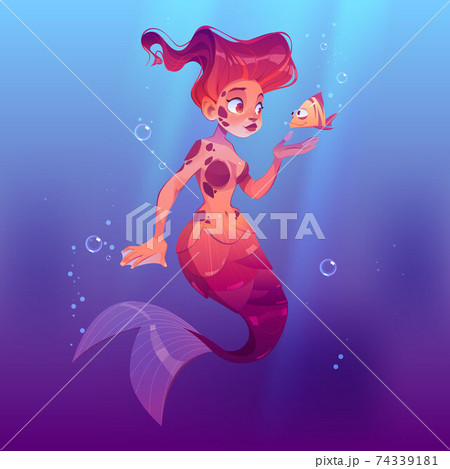 Cute Mermaid With Little Fish Underwater In Seaのイラスト素材