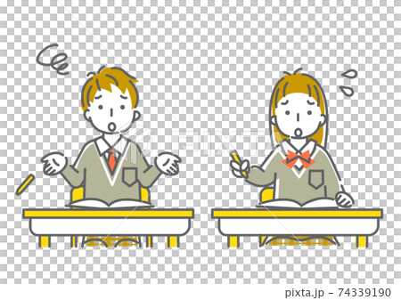 授業についていけないで困る高学生の線画イラスト素材　男女セット 74339190