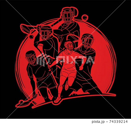 Irish Hurley Sport. Group of Hurling Sport Players Action.  Cartoon Graphic Vector.	 74339214