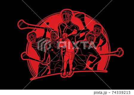 Irish Hurley Sport. Group of Hurling Sport Players Action.  Cartoon Graphic Vector.	 74339215