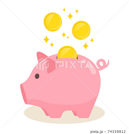 ブタの貯金箱とコインのイラスト素材