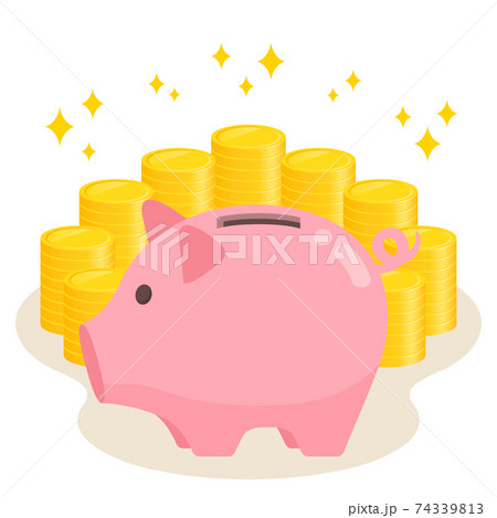 ブタの貯金箱とコインの山 ブタの貯金箱とコインの山 74339813