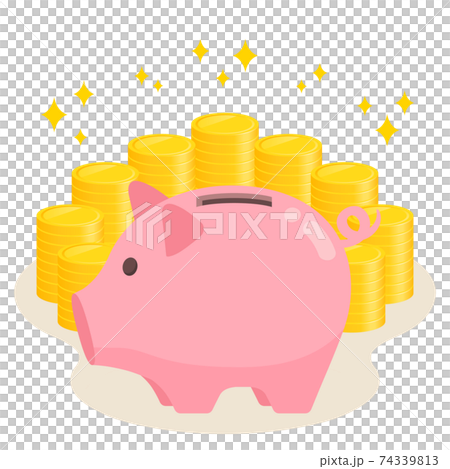 ブタの貯金箱とコインの山 ブタの貯金箱とコインの山 74339813
