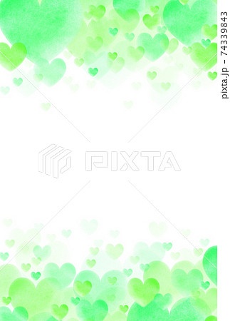 ハート素材 水彩の黄緑色系ハートが花のように上下から湧き上がるイメージ 縦 背景白 他色有り 74339843