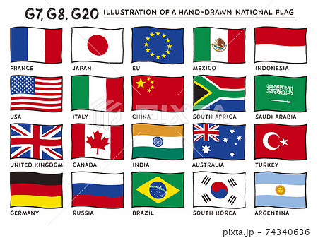 風にはためくG20,G8,G7の国旗の手描きイラスト