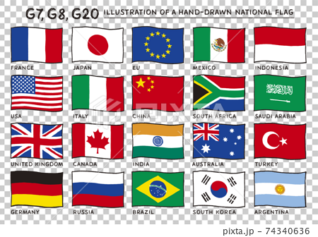 風にはためくG20,G8,G7の国旗の手描きイラスト 74340636