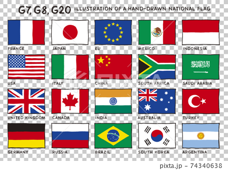 G20,G8,G7の国旗の手描きイラスト　正面 74340638