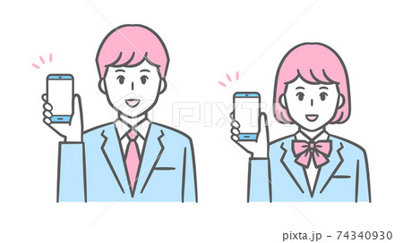 スマホを見せる中高生男女のイラスト ブレザーの制服 スマホを見せる中高生男女のイラスト ブレザーの制服 74340930