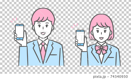 初中和高中男孩和女孩顯示智能手機西裝外套的插圖 初中和高中男孩和女孩顯示智能手機西裝外套的插圖 74340930