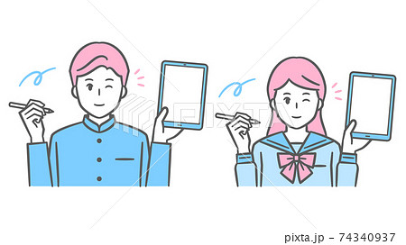 タブレットとタッチペンを持つ中高生男女のイラスト　学ランとセーラー服 74340937