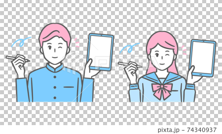 タブレットとタッチペンを持つ中高生男女のイラスト　学ランとセーラー服 74340937