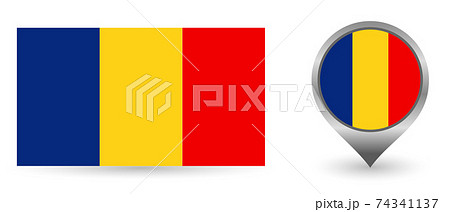 Vector flag Romania. Location point with flag Romania inside. Vector flag Romania. Location point with flag Romania inside. 74341137