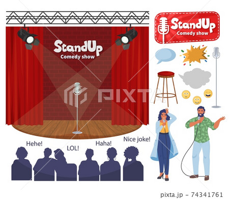 Stand up comedy show stage, comedian cartoon characters with microphones, audience flat vector illustration. Comedy club 74341761