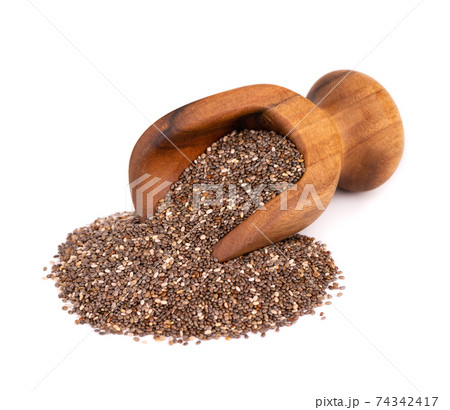 Chia seeds in wooden scoop, isolated on white background. Healthy superfood. Organic chia seeds. Chia seeds in wooden scoop, isolated on white background. Healthy superfood. Organic chia seeds. 74342417