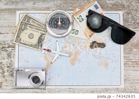 Map and traveling items. Travel planning concept. Vacation concept 74342635