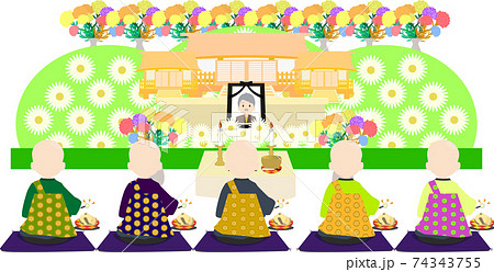 お坊さんがたくさんいる葬式のイラスト素材