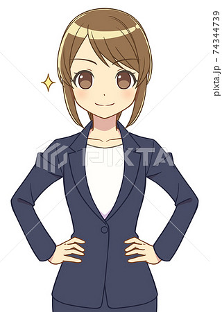 腰に手を当てるスーツの女性のイラスト素材