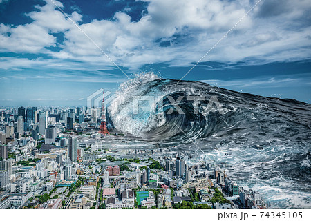 東京に打ち寄せる大津波のイラスト素材