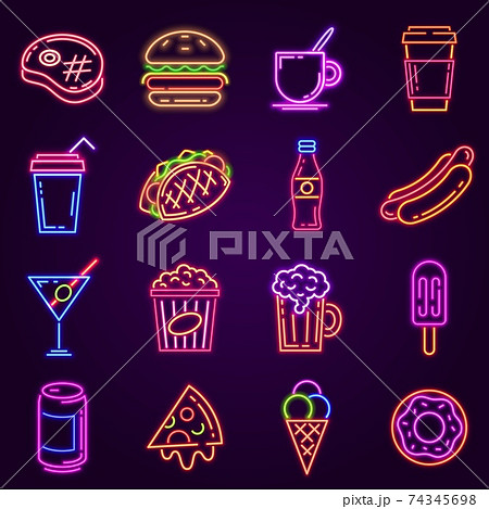 Neon fast food. Glowing icon for cafe and bar street sign with burger, popcorn, hot dog, coffee and pizza. Cocktail and beer club vector set 74345698