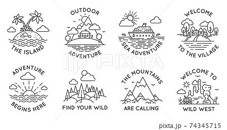 Adventure line badges. Outdoor travel logos and emblems with mountain, cabin in forest, tropical island, village and ocean liner, vector set Adventure line badges. Outdoor travel logos and emblems with mountain, cabin in forest, tropical island, village and ocean liner, vector set 74345715