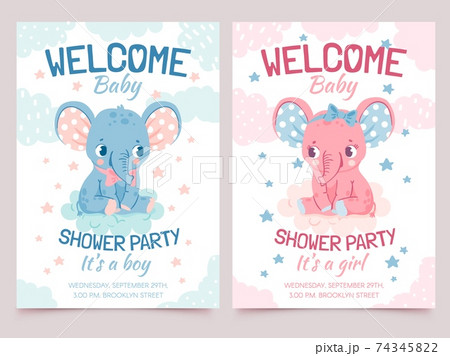 Baby shower elephant. Invitation card for newborn boy and girl party with elephants on cloud. Welcome kid banner with cute animal vector set 74345822