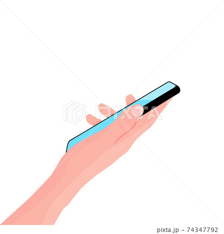 Mobile phone in the hand. Woman holds black smartphone. Finger touching screen. Online education, learning on mobile. Copy space for your text. Vector illustration, white background. Mobile phone in the hand. Woman holds black smartphone. Finger touching screen. Online education, learning on mobile. Copy space for your text. Vector illustration, white background. 74347792