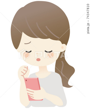 スマホを見る女性 うーん のイラストのイラスト素材