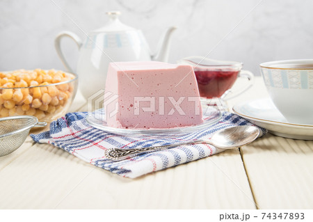 Homemade dessert of Aquafaba jelly with berries. Healthy vegan dessert. Homemade dessert of Aquafaba jelly with berries. Healthy vegan dessert. 74347893