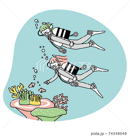 スキューバーダイビングを楽しむ男女のイラスト素材