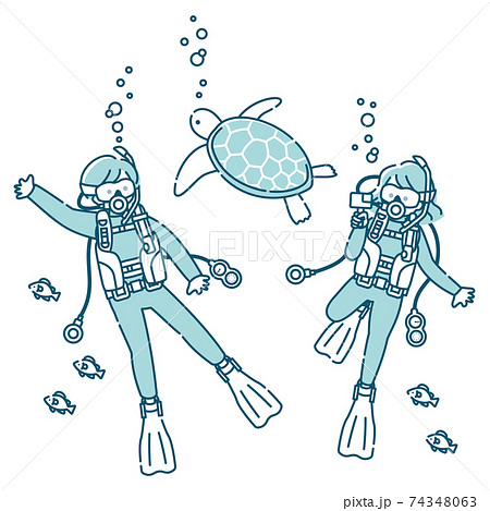 スキューバーダイビングを楽しむ男女のイラスト素材