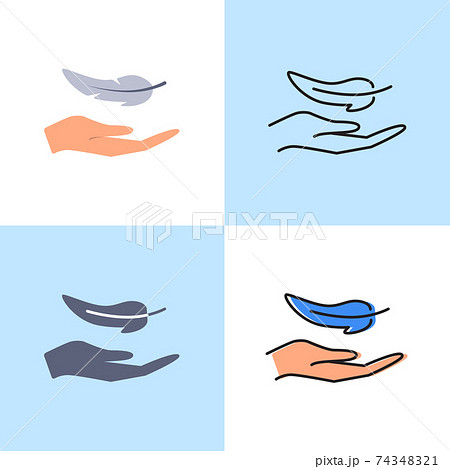 Hand and feather icon set in flat and line styles 74348321