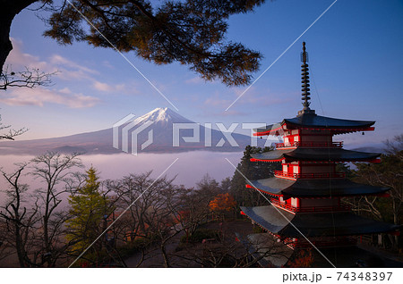 Rare scene of Chureito pagoda and Mount Fuji with morning fog, Japan in autumn 74348397