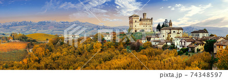 Castello di Grinzane and village - one of the most famous vine regions of Italy. Piemonte Castello di Grinzane and village - one of the most famous vine regions of Italy. Piemonte 74348597