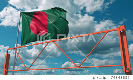 Swing arm road barrier and flag of Bangladesh, entry ban related 3d rendering Swing arm road barrier and flag of Bangladesh, entry ban related 3d rendering 74348632