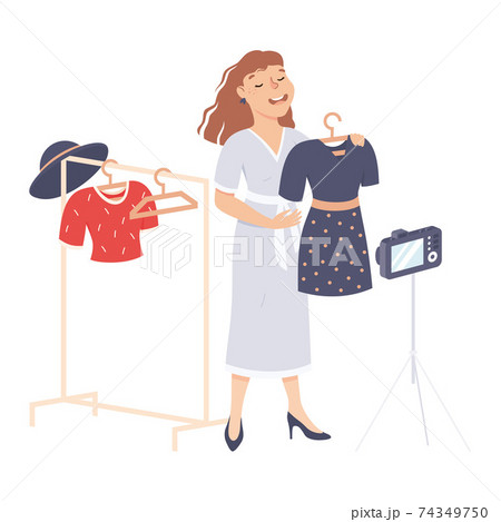 Fashion Blogger Girl Trying New Dress in Clothing Store Recording Video with Camera on Tripod, Blogging, Live Streaming Concept Cartoon Style Vector Illustration 74349750