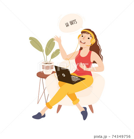 Blogger Girl Streaming Online from Laptop Computer, Blogging, Social Media Networking Concept Cartoon Style Vector Illustration 74349756