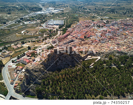 Aerial view Sax castle and townscape. Spain 74350257