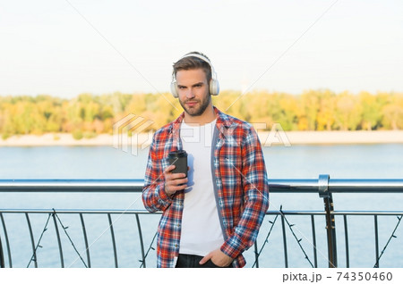 young handsome guy in checkered shirt and modern head 74350460