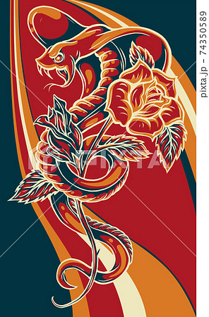 Cobra snake and roses flowers vector illustration Cobra snake and roses flowers vector illustration 74350589