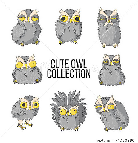 Owls illustration set. Collection with cute owls with various emotion in hand drawn cartoons style. Otus scops illustration bundle. Owls illustration set. Collection with cute owls with various emotion in hand drawn cartoons style. Otus scops illustration bundle. 74350890