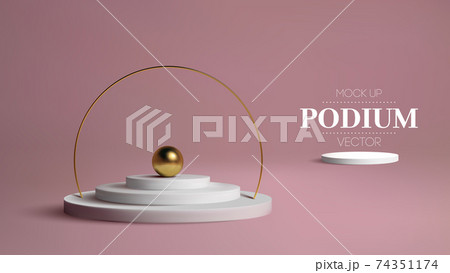 Podium with gold frame on pink background. 3d golden sphere vector. Award winner Platform studio 3d Vector stage. 74351174